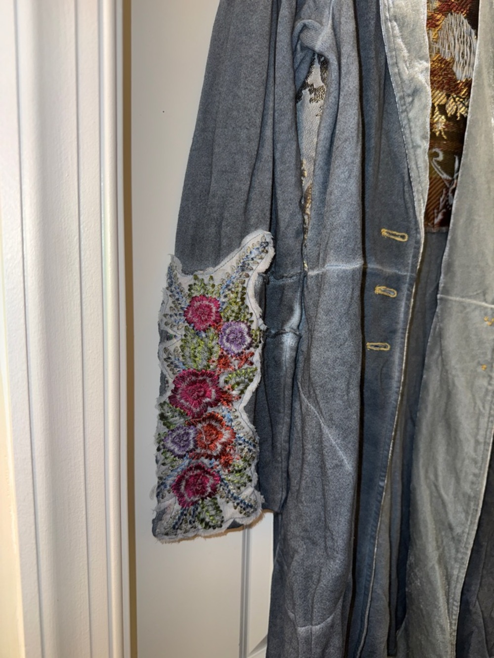 Soft Surroundings Slate Gray Velvet Trench Coat with Embroidered Lining - Picture 2 of 7